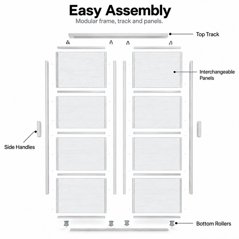 Porte de placard coulissante avec panneaux en grain de bois blanc et miroir, conception personnalisable à 4 panneaux, rail et quincaillerie inclus