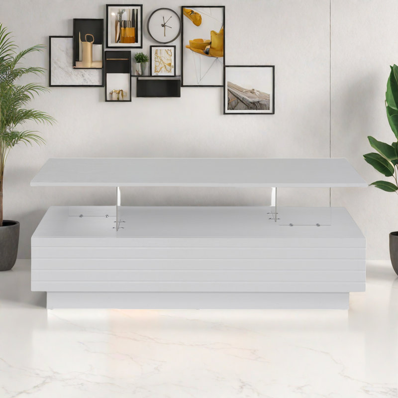 Modern Rectangular Coffee Table With Led Lights, 2 Drawers And Open Storage Shelf, White