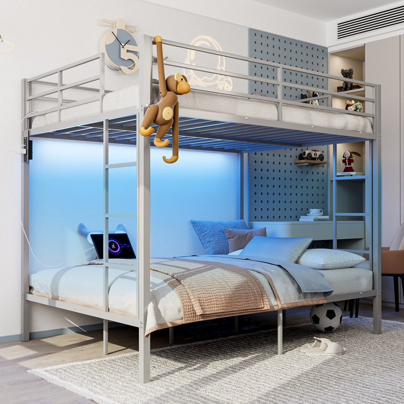 Isabelle & Max™ Metal Full Over Full Bunk Beds with LED Lights and Charging Station, Heavy Duty Metal Full Size Bunk Bed Frame with Safety Guardrail & 2 Ladders, Space-Saving Design, No Box Spring Needed, Silver 