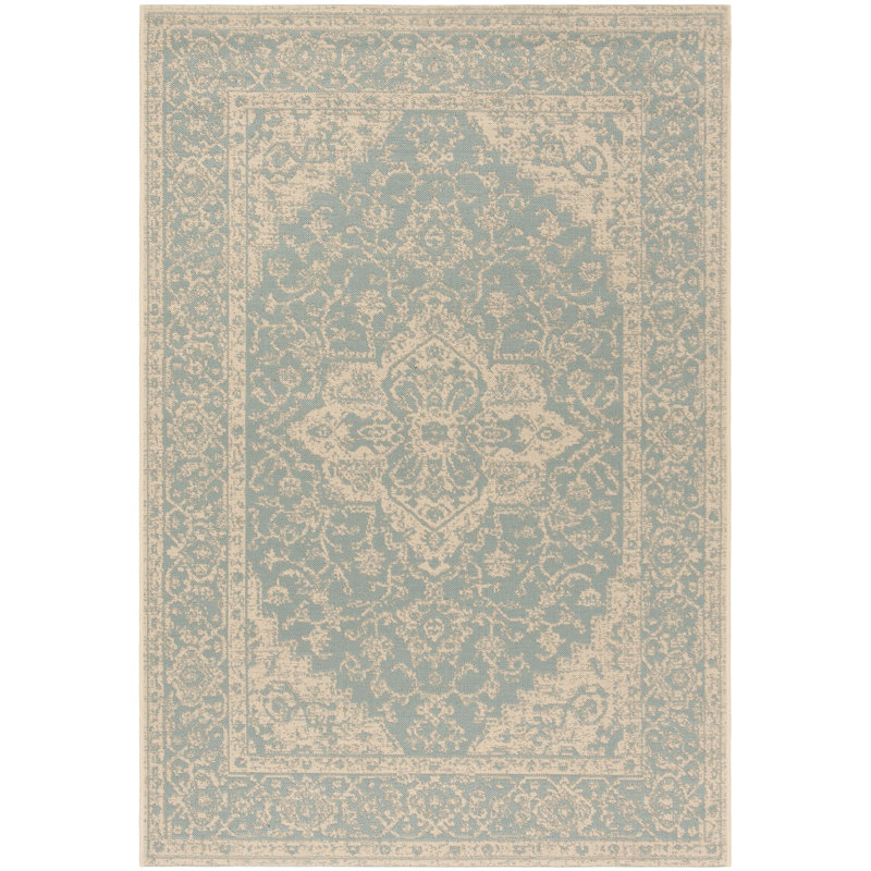 Danya Oriental Aqua/Cream Indoor/Outdoor Area Rug, Rectangle 6'7" x 9'2"
