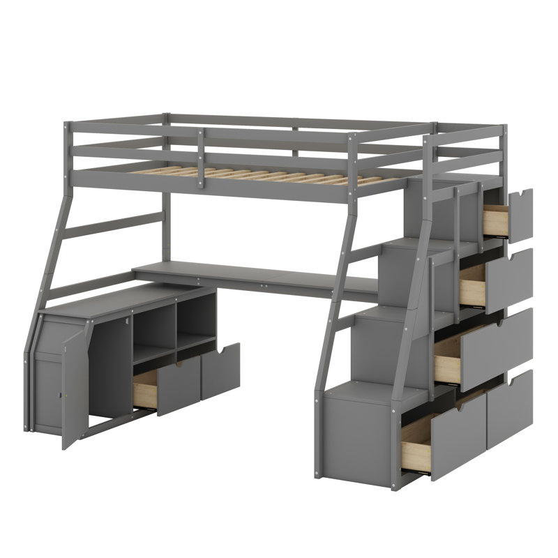 Lit mezzanine avec tiroirs, tablettes et bureau, Gris