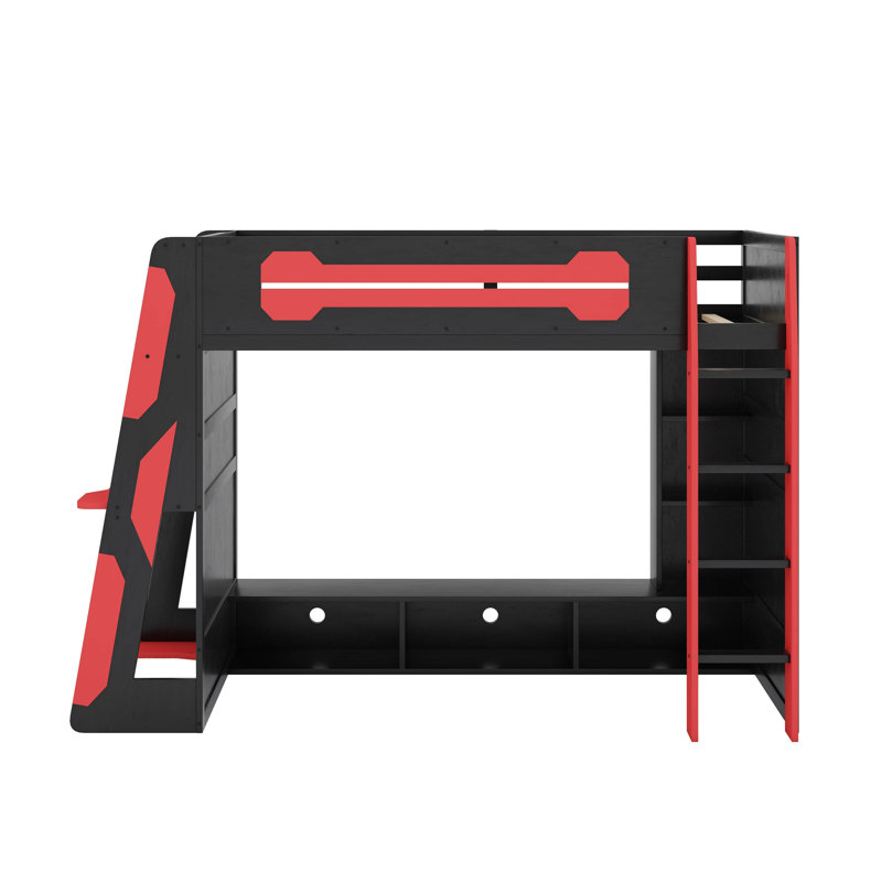 Twin Size Wood Loft Bed With Desk,And RGB Light, Red