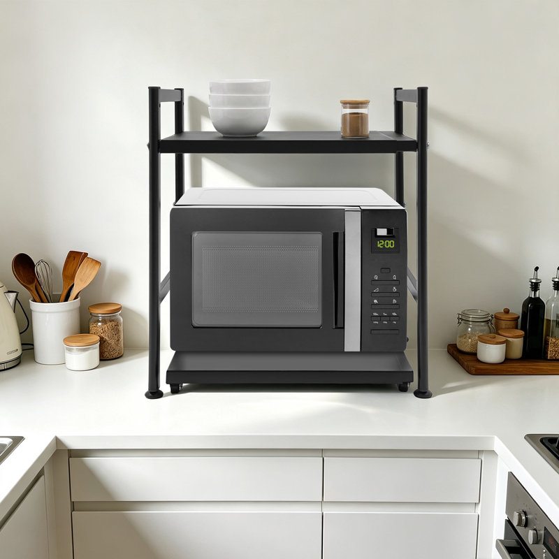 18.5" 2-Tier Extendable Microwave Rack with Hooks, Kitchen Countertop Shelf, White