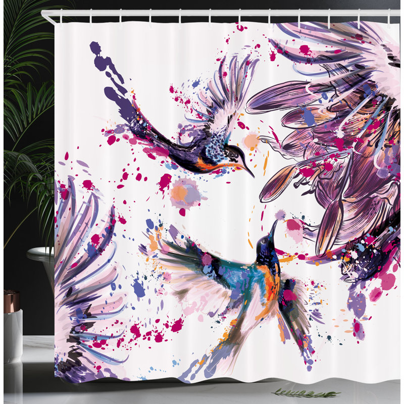 Ensemble de rideau de douche et crochets Hummingbird, H 70 po x l 69 po, Pêche, mauve