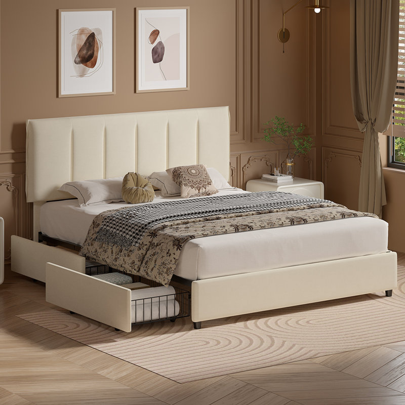 Lit plateforme tapissier avec rangement Cahlin, Beige, Grand