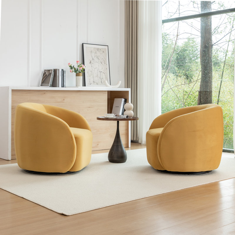 Fauteuil demi-tonneau pivotant en velours Arrun, Jaune moutarde