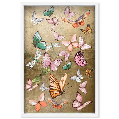 Oliver Gal Flying Over Gold Butterflies - Leaf Framed Shadowbox Art