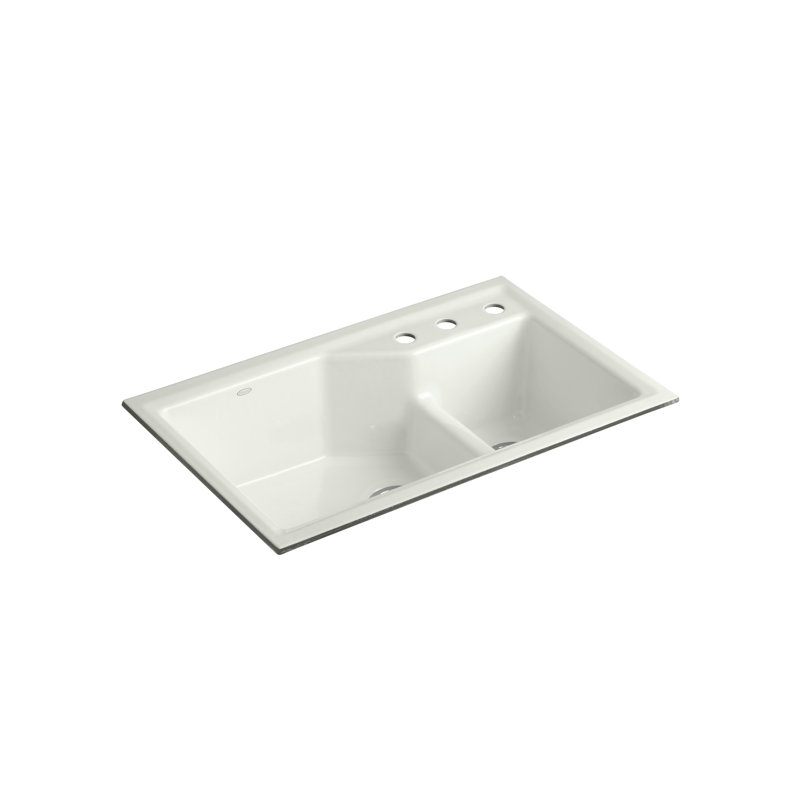 Indio® 33" L x 21.125" W Double Basin Undermount Kitchen Sink with Accessories, 3 hole, Biscuit
