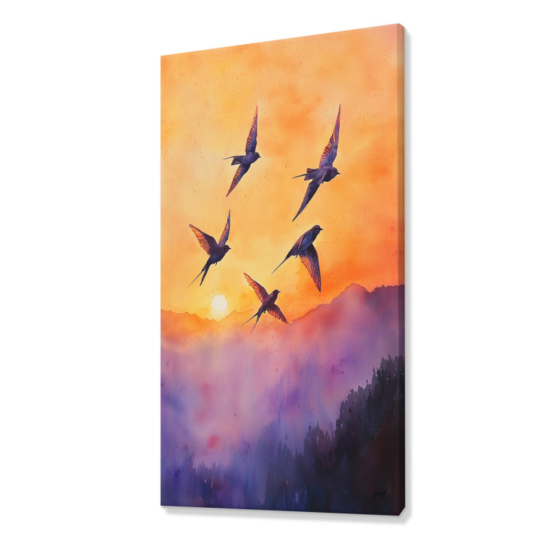 Swallows Birds At Sunset IV - Art mural oiseau, H 60 po x l 28 po, Toile tendue, Ne s’applique pas