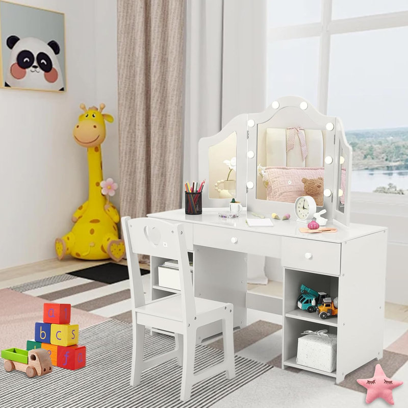 Ensemble de coiffeuse pour enfants, table de maquillage 2 en 1 avec miroir pliable et tiroir, Blanc