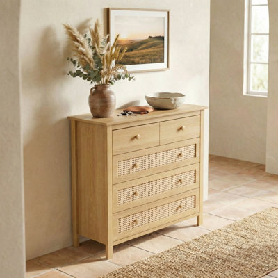 Buffet à 4 tiroirs en bois naturel - Console moderne en rotin pour la maison