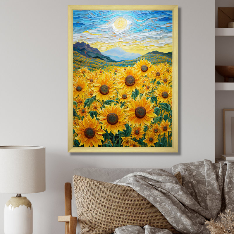 «Vangogh Style Sunflowers Mountains», reproduction sur toile, H 44 po x l 34 po x P 1,5 po, Cadre doré simple