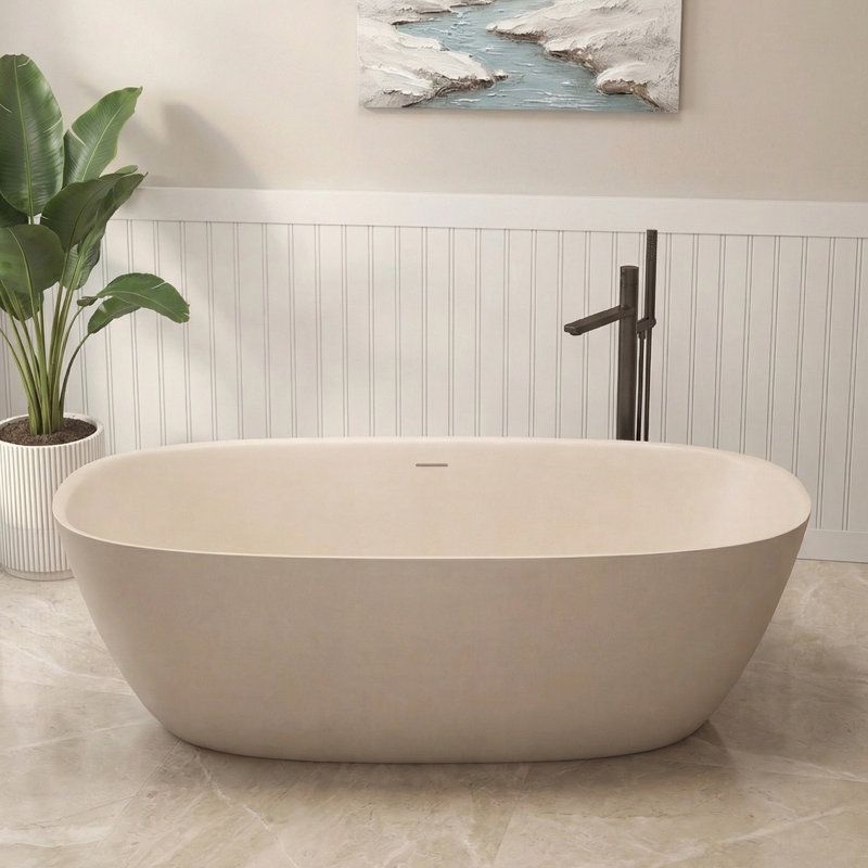 63" X 31" Freestanding Tub Solid Surface Stone Resin Soaking Bathtub, Bisque, 63" L x 31.50" W x 22.05" H