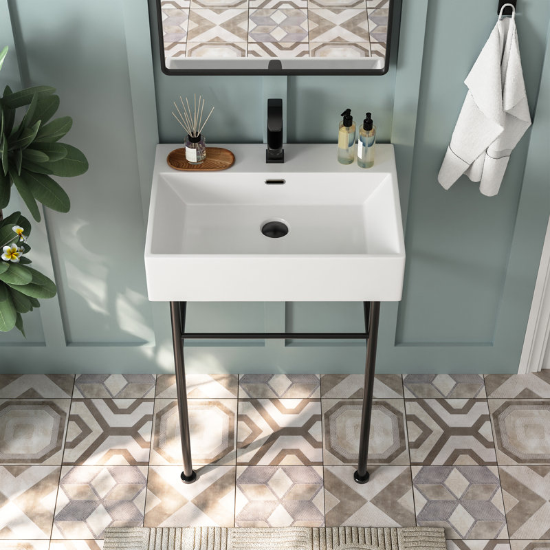 Ceramic White Rectangular Single Faucet Hole 24 in Console Bathroom Sink with Overflow, White/Black