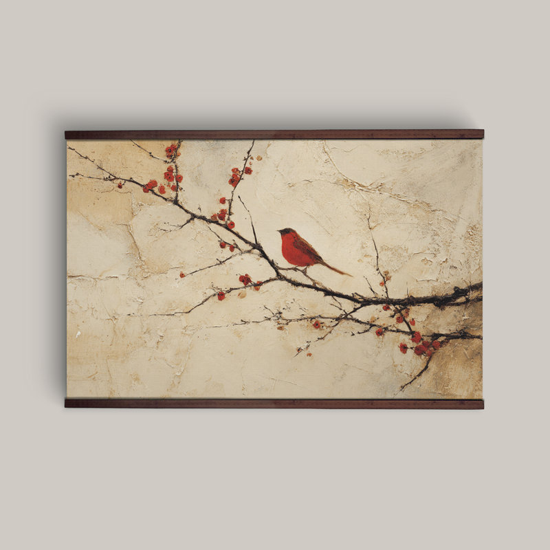 Red Bird on Branch Tapestry Wall Art on Canvas, 45''Hx73''W