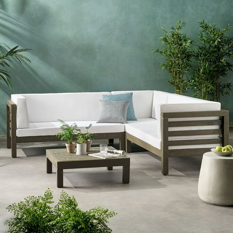 Ensemble modulaire d'extérieur en bois avec coussins, Coussin blanc / cadre gris