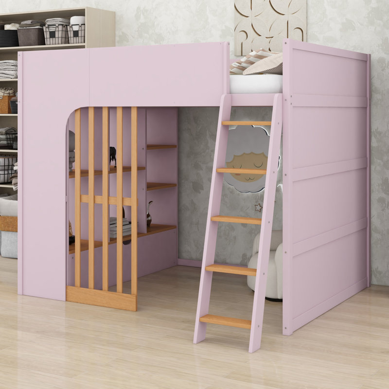 Lit mezzanine peu encombrant, conception pour lit double avec échelle et tablettes de rangement, Lit double