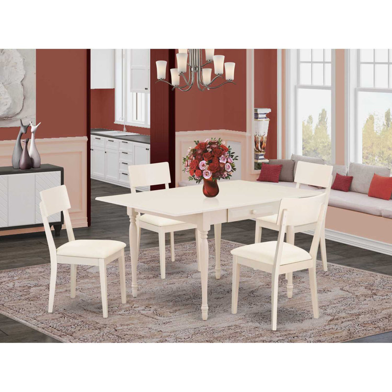 L'ensemble 5 pièces de table et chaises de cuisine comprend une table de salle à manger rectangulaire avec Dropleaf et 4 chaises en similicuir, blanc lin