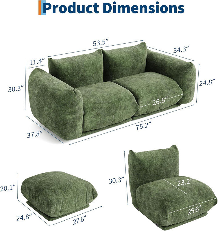 Canapé modulaire en forme de L de Boneless de 102 po, canapé en chenille avec siège de 23,2 po de profondeur