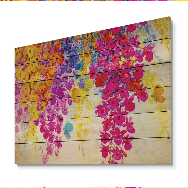 Composition de fleurs colorées III - peinture sur bois sans cadre, H 16 po x l 32 po x P 1 po