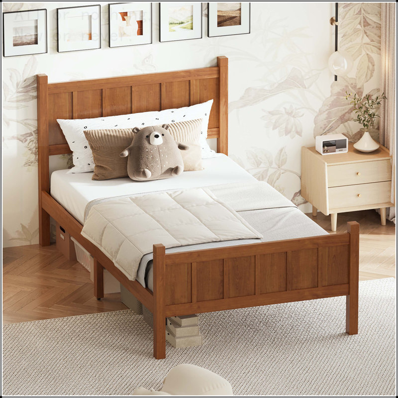 Twin Size Flat Panel Bed with Shaker and Farmhouse Style Design, Twin, Walnut