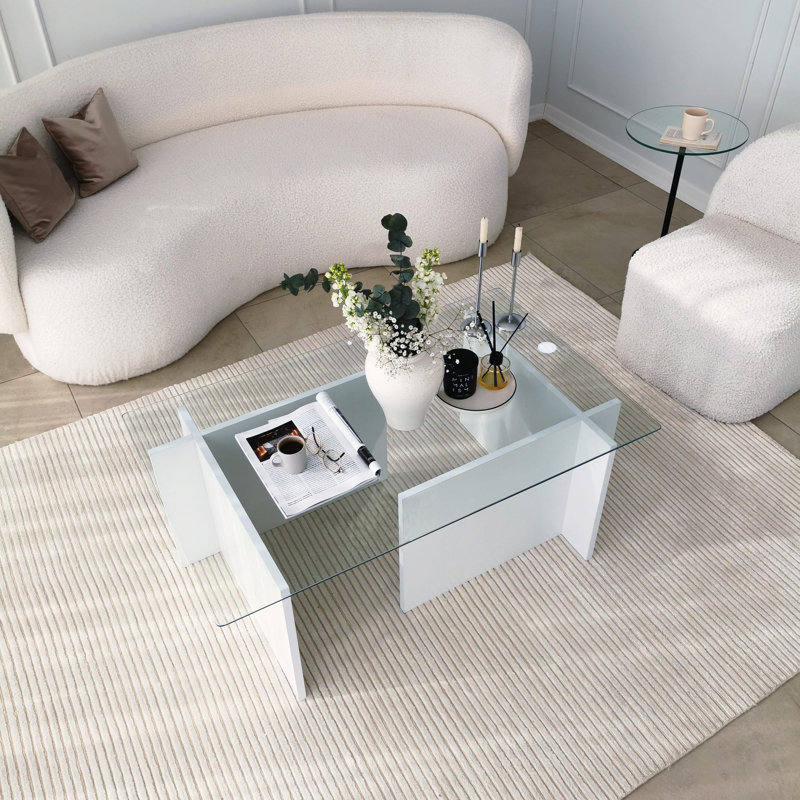 Modern Coffee Table with 100% Tempered Glass Top, 41.3 x 15.7 x 25.6 inches | Sturdy 100% Melamine Coated Particle Board Frame, Thickness: 0.7 inches | Elegant White Finish, Perfect for Contemporary Living Spaces