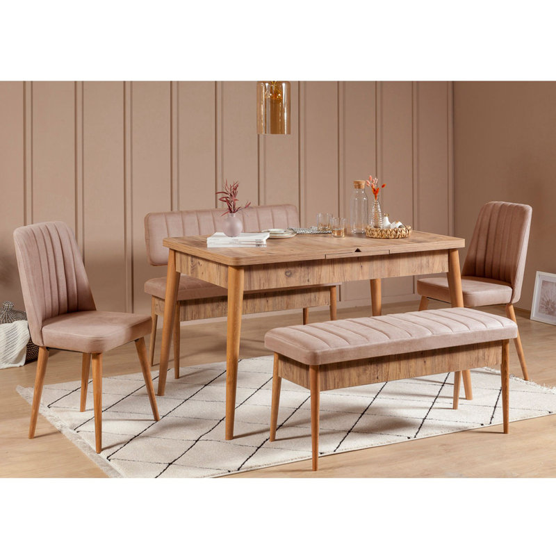 Extendable Dining Table & Chairs Set (5 Pieces), Atlantic Pine & Stone Color | 100% Melamine Coated Particle Board, Table: 51.2 x 30.3 x 31.5 inches | Velvet Chairs, Hornbeam Legs, Modern Scandinavian Design, Max Load: 418 lbs