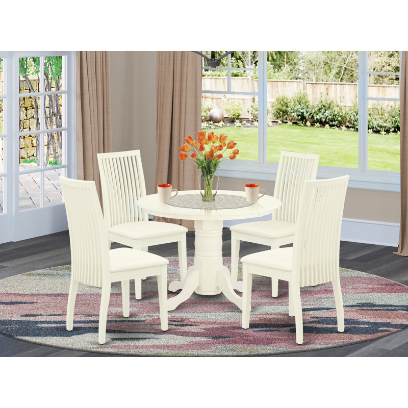 L'ensemble de mobilier de salle à manger 5 pièces comprend une table de cuisine ronde avec piédestal et 4 chaises en lin, blanc lin