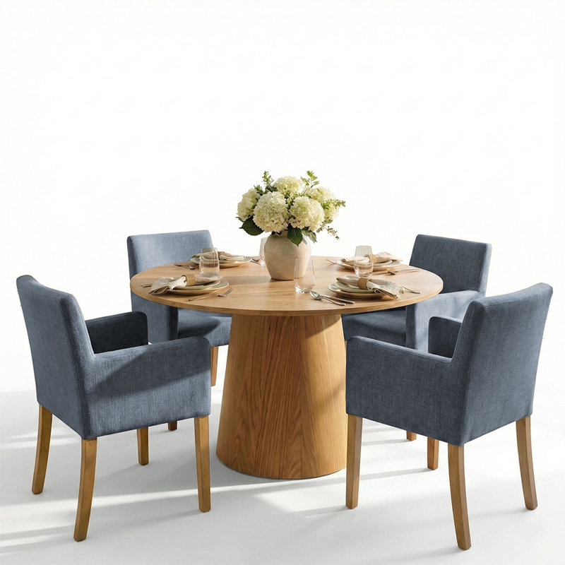 Sarosh 4 - Person Dining Table Sets With 52'' Round Table & 4 Upholstered Linen Armchairs, Blue