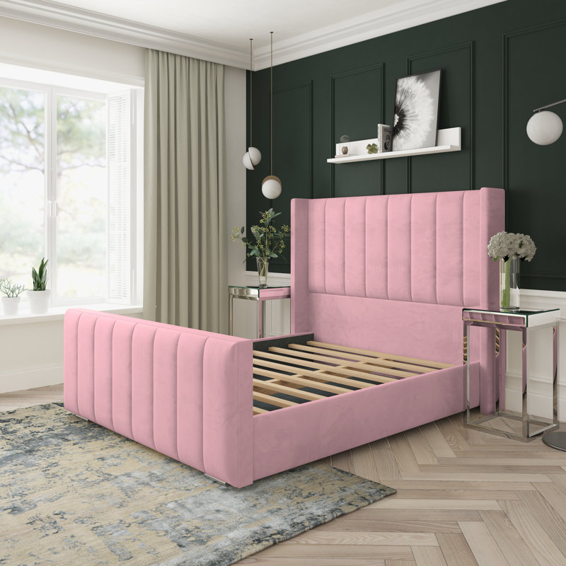 Aspen Plush Velvet Upholstered Bed Frame, King (5'), Pink