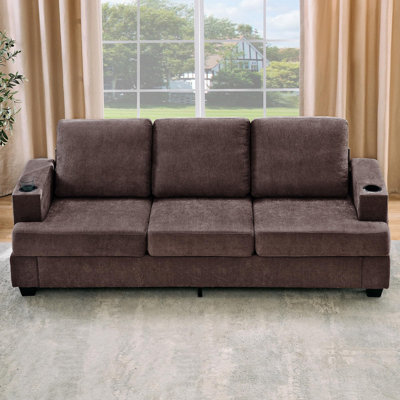 Modern 89" 3-Seater Sofa with Deep Seat, Cup Holders & Side Storage Pockets – Chenille Upholstery for Living Room, Apartment Lounge