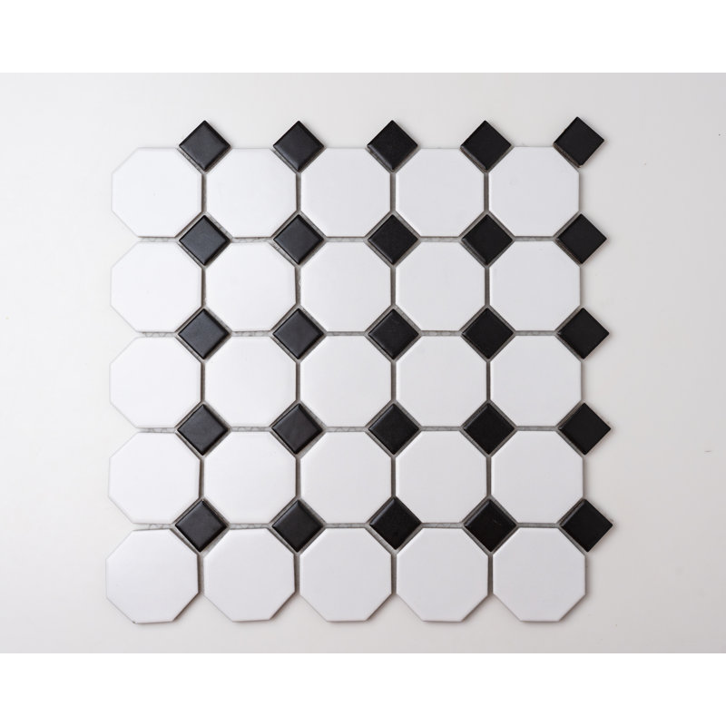 Carreau de mosaïque en porcelaine mate octogone 12 x 12 po (boîte de 10 feuilles), Blanc/Noir