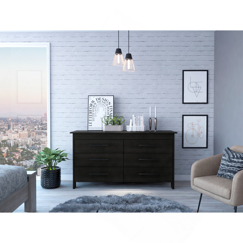 Commode double 6 tiroirs Hms, quatre pieds, plateau supérieur - noir, Noir