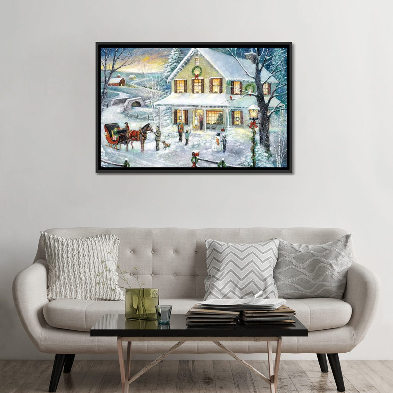 «Christmas visite» par Ruane Manning - reproduction d'art, H 32 po x l 48 po x P 1,5 po, Toile avec cadre noir, Aucun mat