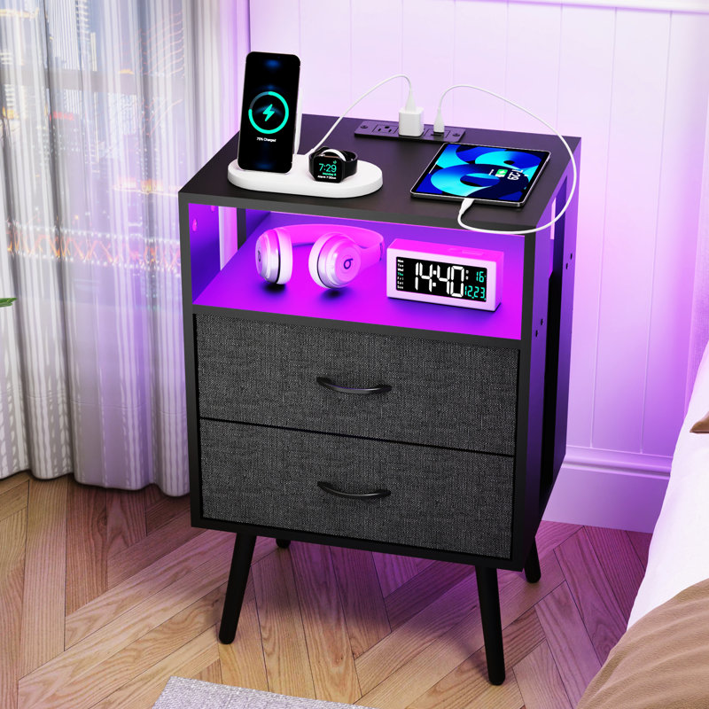Ensemble de 2 tables de chevet modernes avec fonction de charge et DEL, tiroirs en tissu pour tables de chevet, douille 2Ac + 2Usb pour téléphone portable, bande de lampe infrarouge télécommandée, panneau enduit, station à griffes