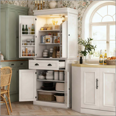 Armoire de cuisine avec lumières DEL, 6 tablettes de porte, un tiroir et 4 tablettes réglables, pour votre maison