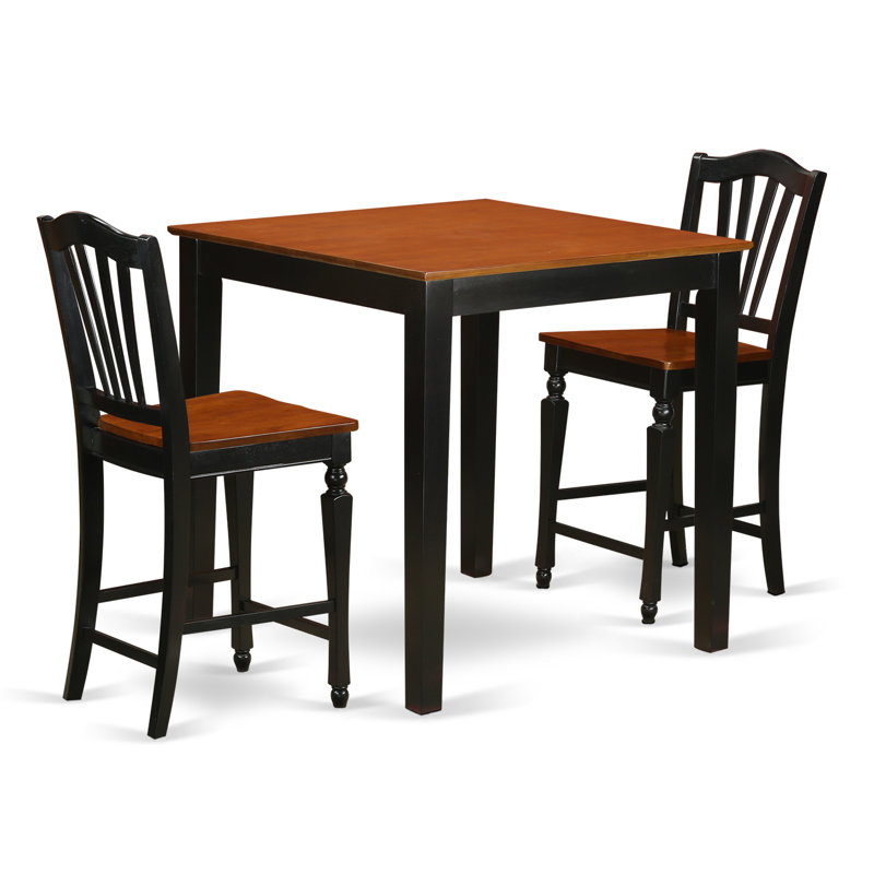 3 Piece Counter Height Pub Set for Small Spaces Contains a Square Kitchen Table and 2 Dining Room Chairs, Black & Cherry