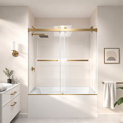 Catalyst 56"- 61" W x 60" H Double Sliding Frameless Shower Door in Brushed Bronze with 3/8" Clear Glass