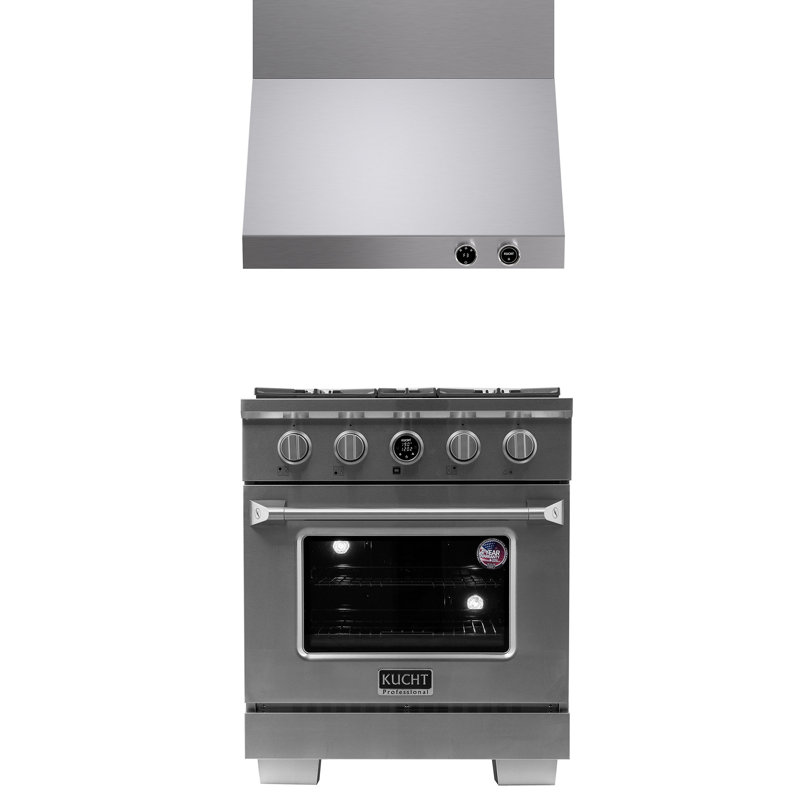 KUCHT 30 In. 4.2 Cu. Ft. 4 Burners Dual Fuel Range For Natural Gas In Stainless Steel + Wall Mount Range Hood
