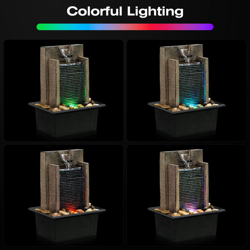 Modern Resin Tabletop Fountain with Colorful Lights and Natural River Rocks