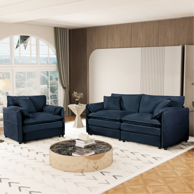 Nuage de chenille bleu 2 pièces, pour espace de vie principal, agencement flexible, froissé, assise mi-ferme, dossier rembourré, accoudoirs carrés, installation rapide