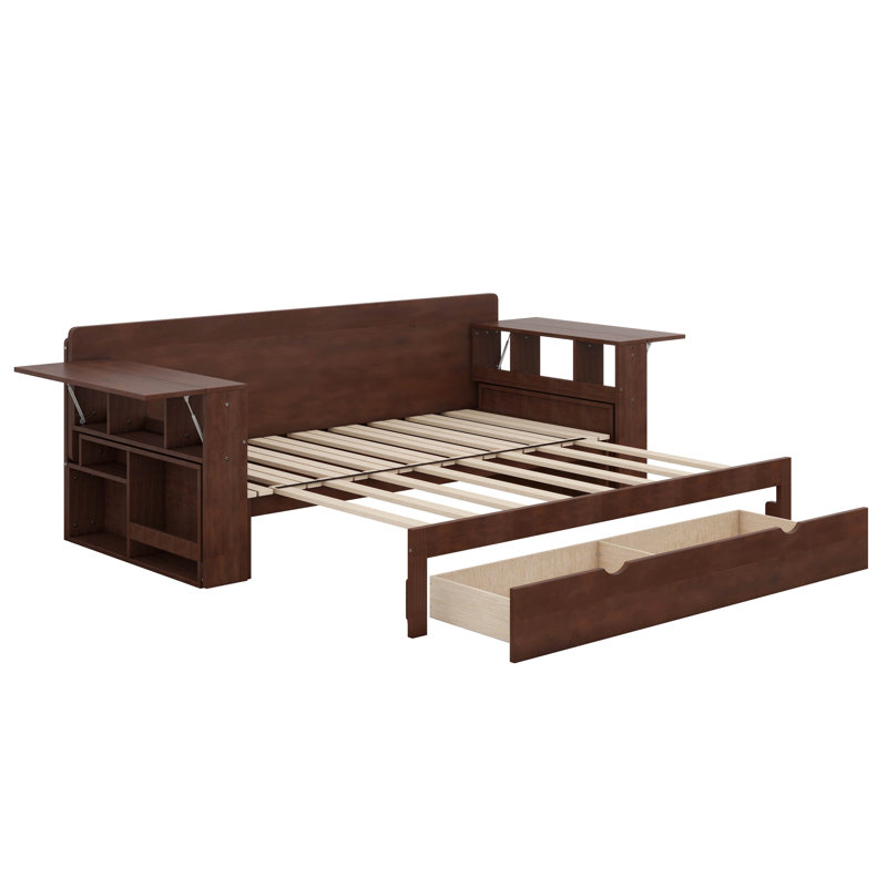 Queen Size Corner Bed Frame With Storage Drawers And Removable Desk, Wood Daybed With Hydraulic Side Table For Kids Teens Adults