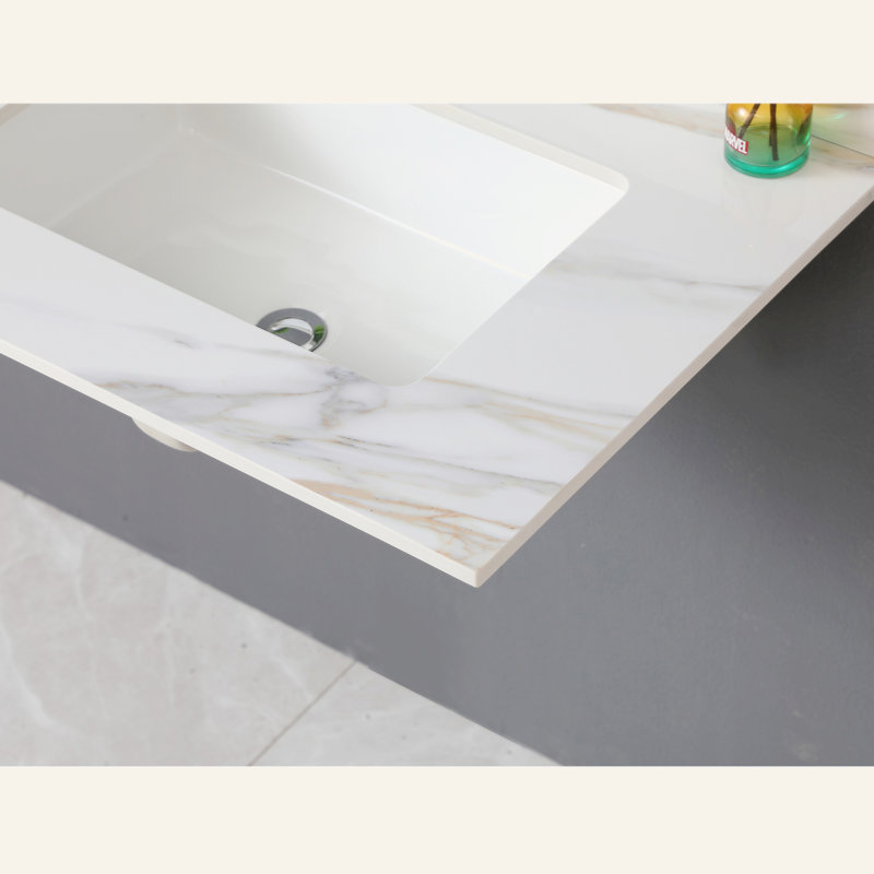 31 Inch Marble Vanity Top, Bathroom Vanity Top With Undermount Rectangular Middle Sink And 4" Height Backsplash, Pre-Drilled Faucet Hole  Vanity Top, Carrara White With Veins