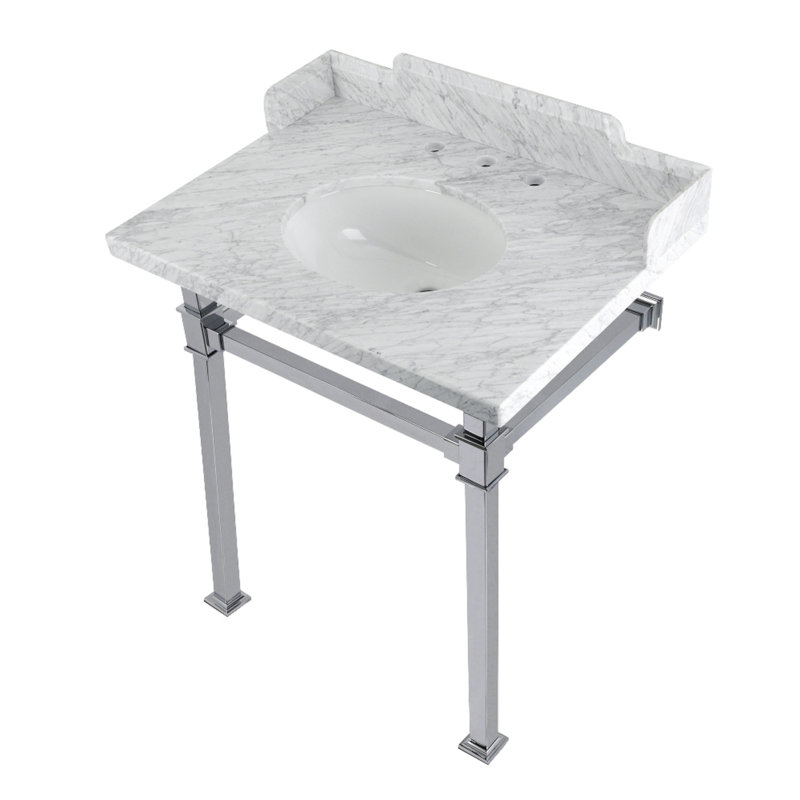 Kingston Brass Viceroy 30-Inch Carrara Marble Console Sink with Stainless Steel Legs (8-Inch, 3-Hole)