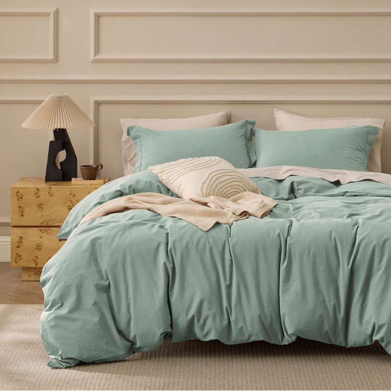 Bedsure 100% Washed Cotton Duvet Cover Queen Set - Minimalist Cotton Beding Set For All Season（set of 3）, Green