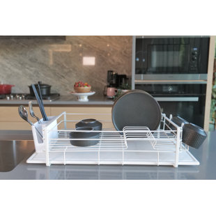 Dish Drying Rack, Rustproof Aluminium Dish Racks for Kitchen Counter,  Expandable(14.9-22.2) Kitchen Sink Large Dish Drying Rack with  Drainboard, Utensil Holder with Drain Spout (Dark Grey) 