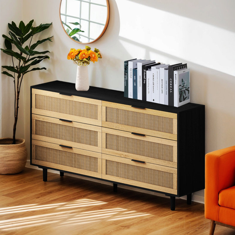 6-Drawers Rattan Storage Cabinet Rattan Drawer, 29.72" H x 51.18" W x 15.75" D , Black
