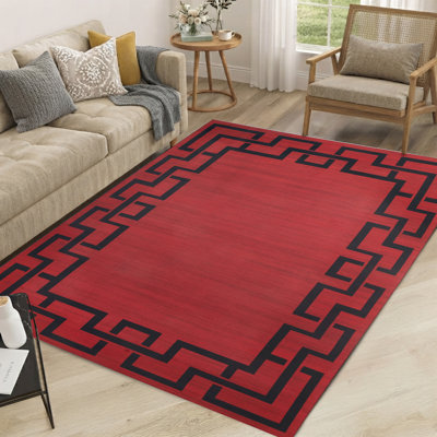 LEXI Red & Black Greek Key Machine Tufted Area Rug
