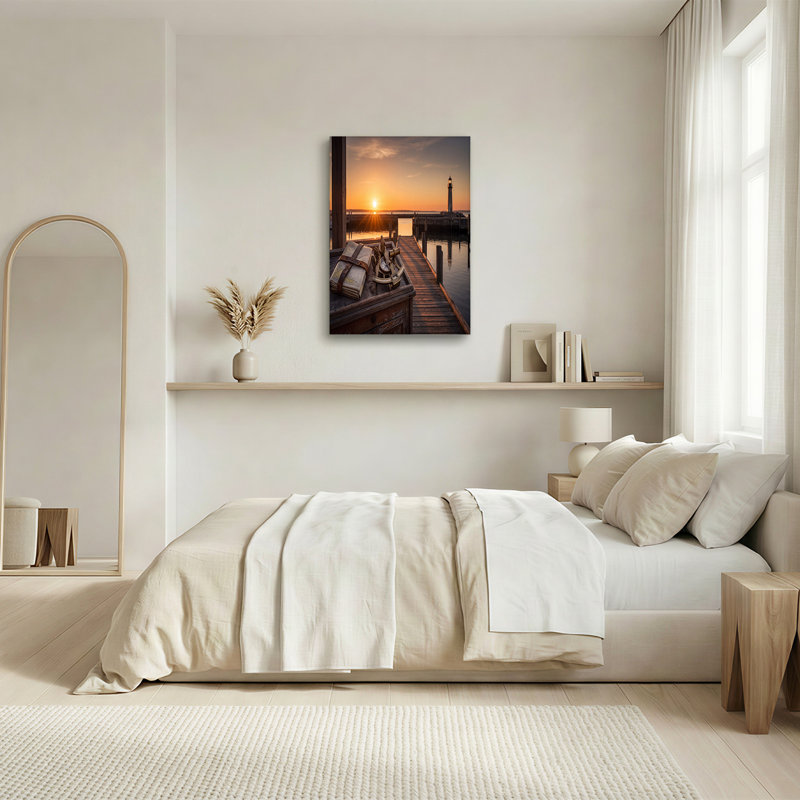 Art mural sur toile en laiton, sextant et carte sur crépuscule par le phare, 16"H x 24"W