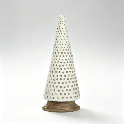 Arbre de Noël de table conique en verre crème avec base en bois de manguier antique Glam Modern Décoration saisonnière pour tablette et manteau de cheminée
